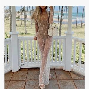 Sheer Beaded Cover-Up Maxi Dress in Ivory - Women Swim